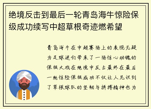 绝境反击到最后一轮青岛海牛惊险保级成功续写中超草根奇迹燃希望