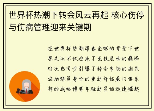 世界杯热潮下转会风云再起 核心伤停与伤病管理迎来关键期
